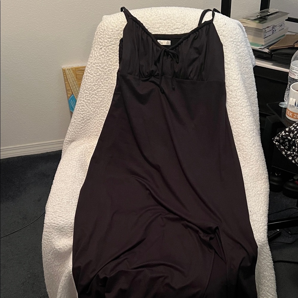 Hollister black smocked midi dress, tie-front, side split, back cut-out, in XL